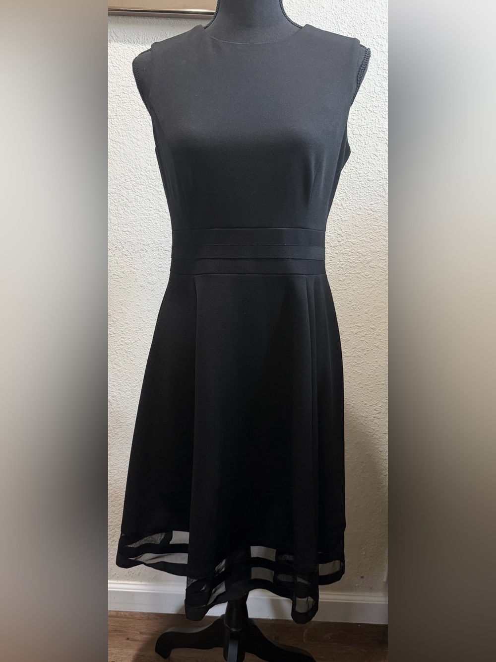 Calvin Klein Black Sleeveless A-Line Dress with Sheer Hem Band Accent